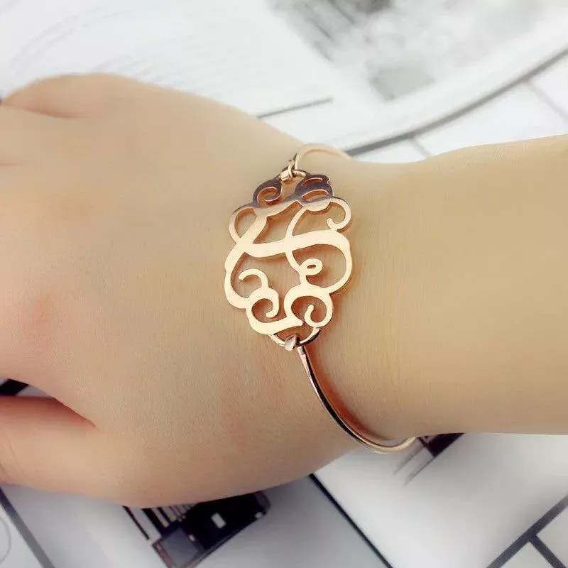 Monogram Initial Bangle Bracelet | Sterling Silver Monogram Gift for Women | Initial Monogram Bracelet | 3 Letters Typography Jewelry