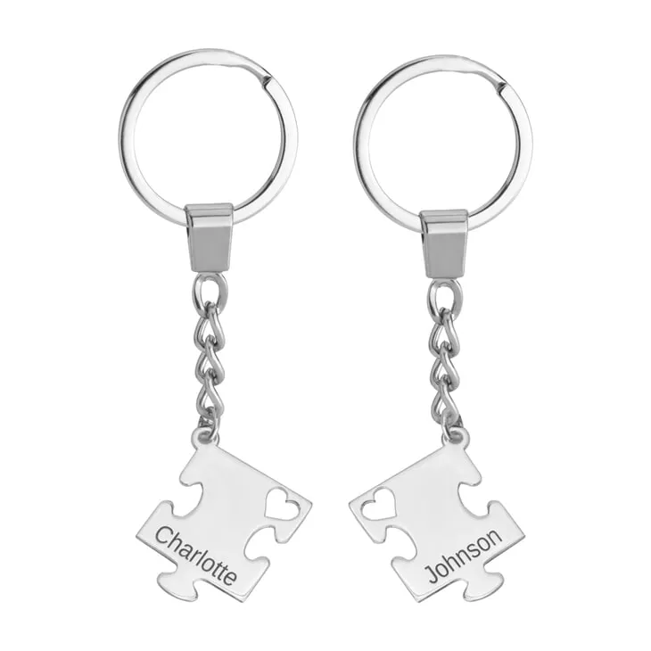 Sterling Silver Engraved Puzzle Piece Keychain Set